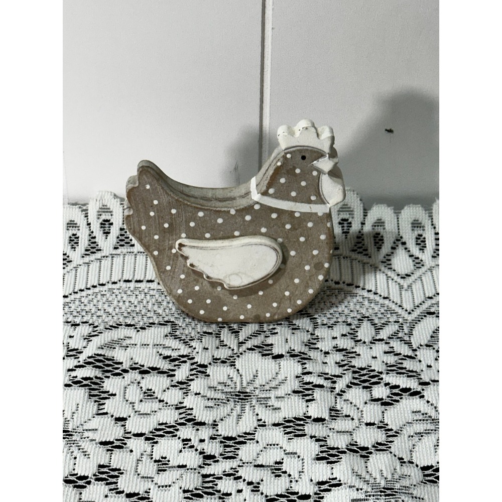 Rustic Wooden Polka Dot Chicken Figurine Farmhouse Hen Decor Brown White
